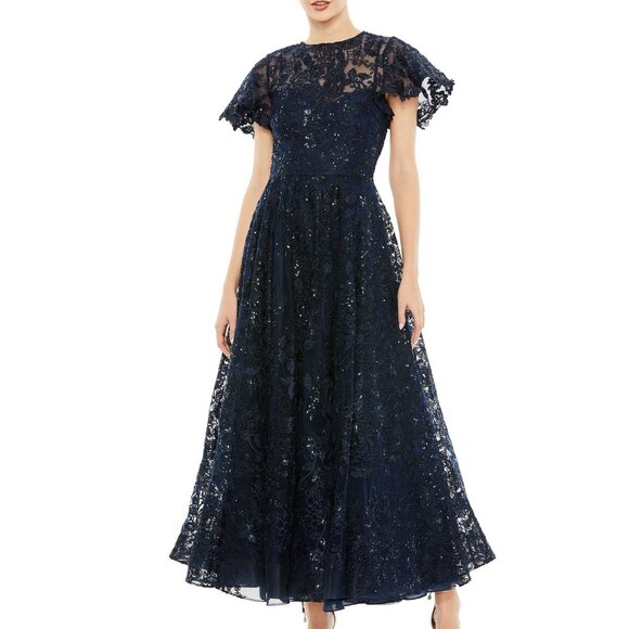 Embroidered High Neck Gown With Sequin Detail Navy Blue Cap Sleeve A Line (New) - Picture 1 of 16